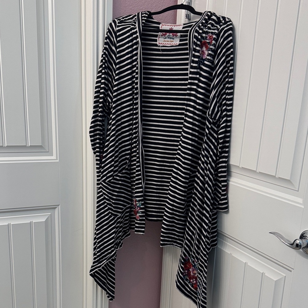 Johnny Was Striped Cardigan with Floral Embroidery